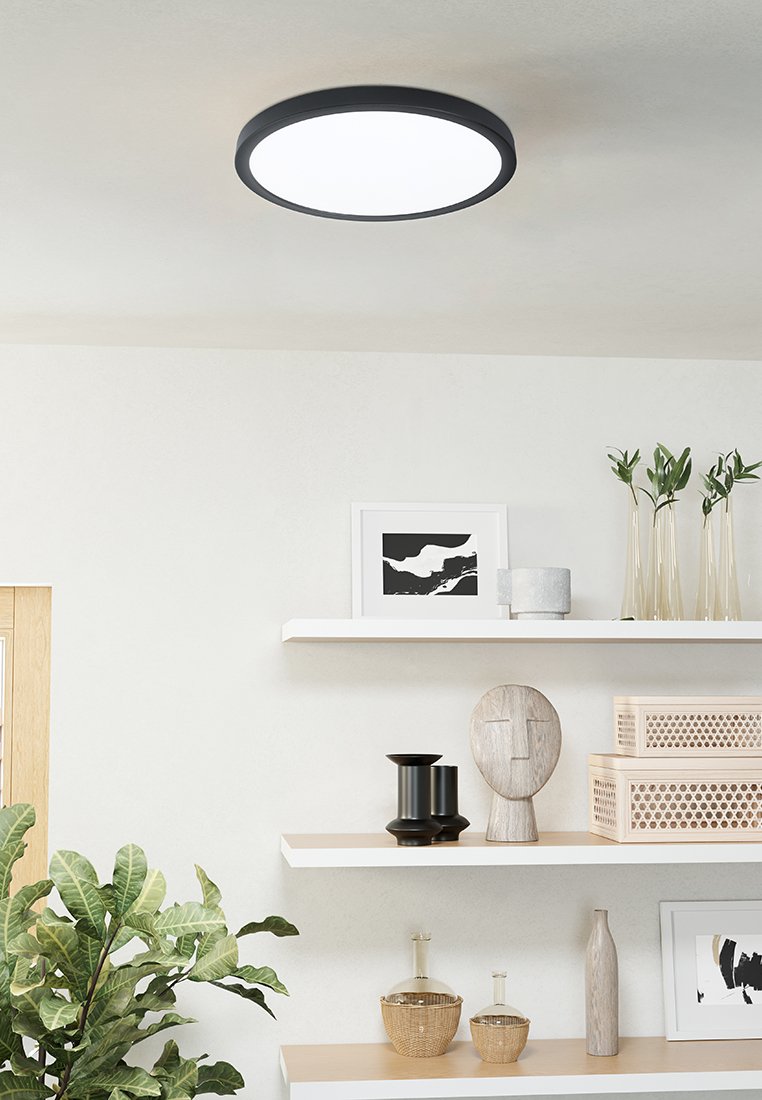 Runde Deckenleuchte mit einem schwarzen Rand, satinierten weißen Glasschirm, installiert an einer hellen Decke und beleuchtet ein modernes Interieur.