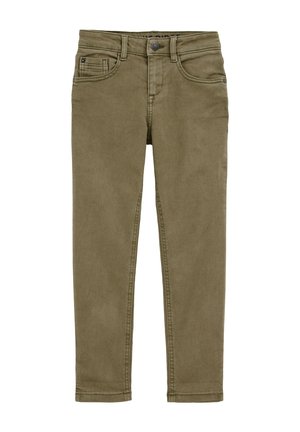Pantalon slim vert olive avec passants de ceinture, fermeture devant par bouton et cinq poches dont une poche à monnaie.