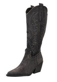 Bota alta de estilo occidental en denim negro, con patrones de hojas bordados, punta afilada y tacón cónico. Acabado de tela texturizada.