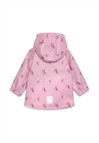 Giacca impermeabile rosa con cappuccio, decorata con ricamo floreale in rosa e marrone. Polsini elasticizzati e una patch con logo nella parte inferiore della schiena.