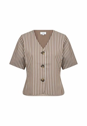 Blouse marron à manches courtes avec des rayures verticales blanches, col en V et trois gros boutons ronds à l'avant.