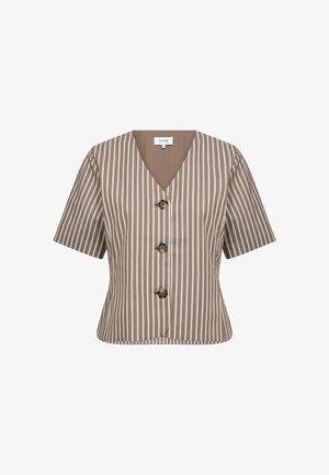 Brun bluse med korte ærmer med hvide lodrette striber, V-hals og tre store runde knapper foran.
