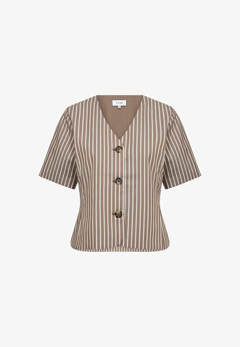 Blouse marron à manches courtes avec des rayures verticales blanches, col en V et trois gros boutons ronds à l'avant.