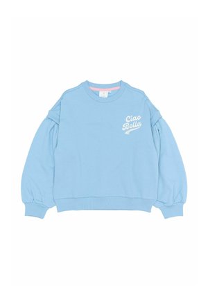 Jasnoniebieska bluza z okrągłym dekoltem, balonowymi rękawami i ściągaczami. Zawiera biały napis "Ciao Bella" na lewej części klatki piersiowej. Miękka tkanina.