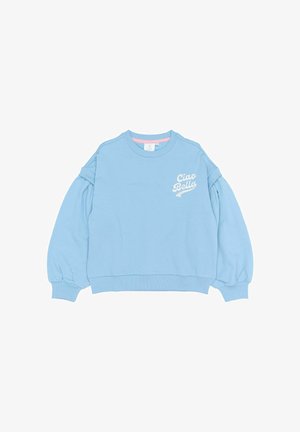 Hellblaues Sweatshirt mit Rundhalsausschnitt, Ballonärmeln und gerippten Bündchen. Mit weißem Text "Ciao Bella" auf der linken Brustseite. Weicher Stoff.