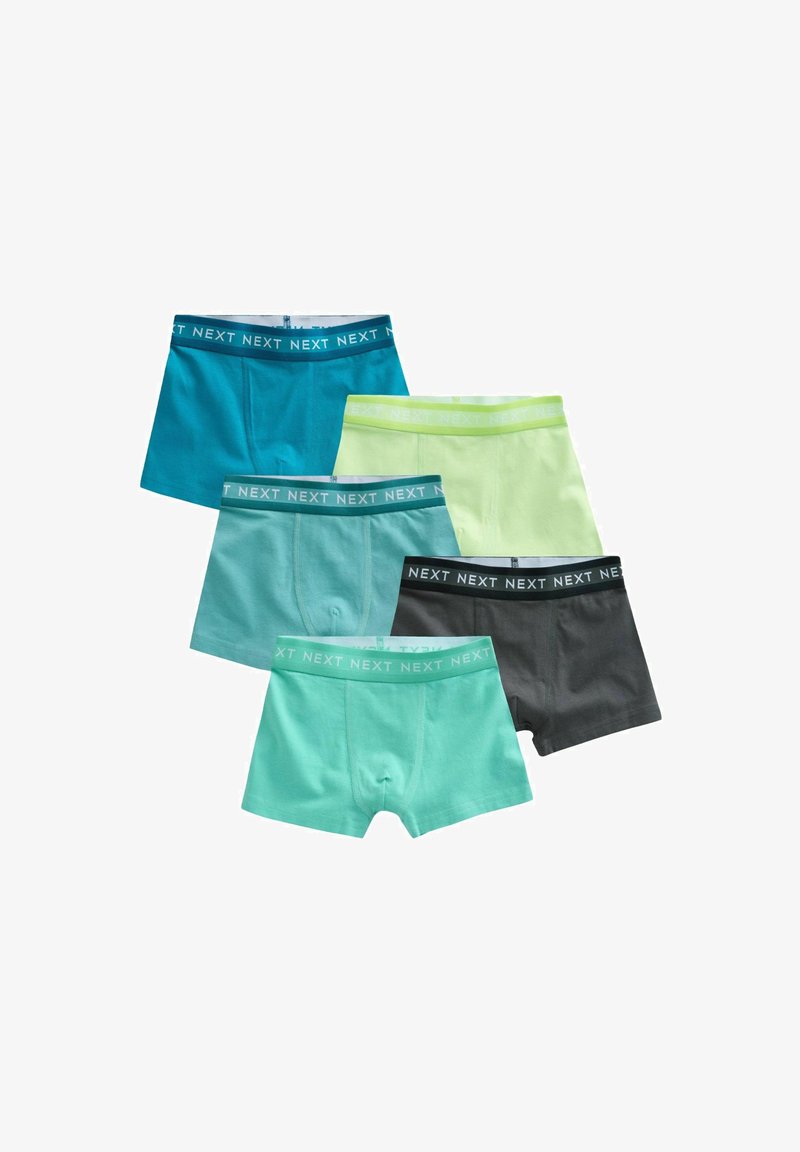 Fem par herreboxershorts i blå, grønne, gule og sorte nuancer med "NEXT" printet på linningen.