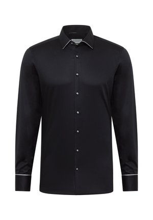 Black long-sleeve shirt with a fitted design, white collar accent, and button front. Features contrasting cuffs and a smooth fabric texture.