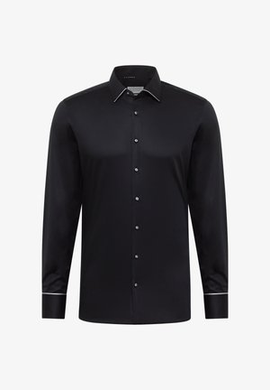 Black long-sleeve shirt with a fitted design, white collar accent, and button front. Features contrasting cuffs and a smooth fabric texture.