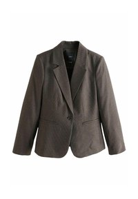 Blazer à carreaux marron en tissu texturé, doté d'un col cranté, d'une fermeture à un bouton et de deux poches avant.