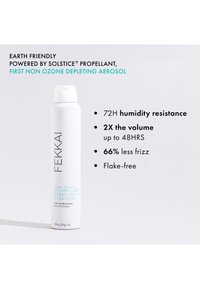 Bomboletta aerosol bianca con superficie liscia, etichettata "Fekkai Clean Stylers Volume Lock." Presenta testo blu chiaro e nero, con un beccuccio arrotondato.