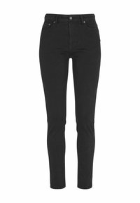 Mustat kapeat farkut korkealla vyötäröllä, joissa on sileä denimi-pinta, vakiokokoinen viisi-taskuinen muotoilu ja metallinen nappisuljenta.