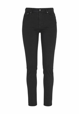 Zwarte skinny jeans met een hoge taille, met een gladden denimtextuur, standaard vijf-pocket ontwerp en een metalen knoopsluiting.