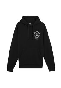 Felpa con cappuccio nera realizzata in tessuto misto cotone. Presenta una tasca frontale, polsini a costine e una stampa grafica sul petto.