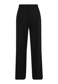 Pantalon noir à taille haute, jambes larges, avec passants pour ceinture, poches latérales et une poche passepoilée à l'arrière.