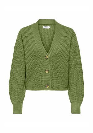 Zöld kötött rövidített kardigán V-nyakkal, három teknőspáncél gombbal, hosszú fodros ujjakkal, bordázott mandzsettákkal és szegéllyel.