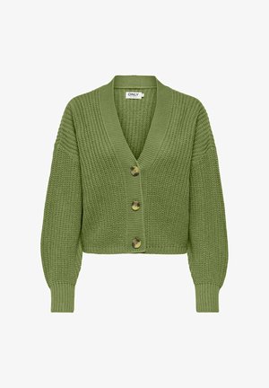 Groen gebreid cropped vest met V-hals, drie knopen van schildpadmotief, lange opgepofte mouwen en geribbelde manchetten en zoom.
