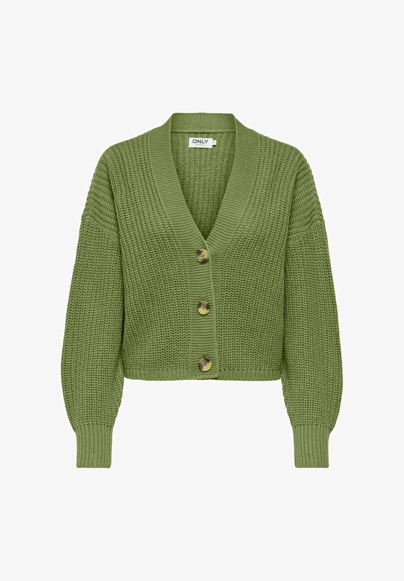 Cardigan vert court en maille avec col en V, trois boutons en écaille de tortue, manches longues bouffantes et poignets et ourlet côtelés.
