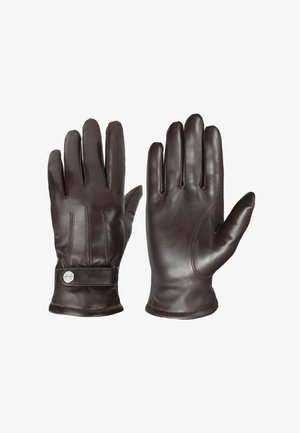 Gants en cuir marron au fini lisse, avec un détail de broderie à trois lignes et un poignet avec fermeture à pression.