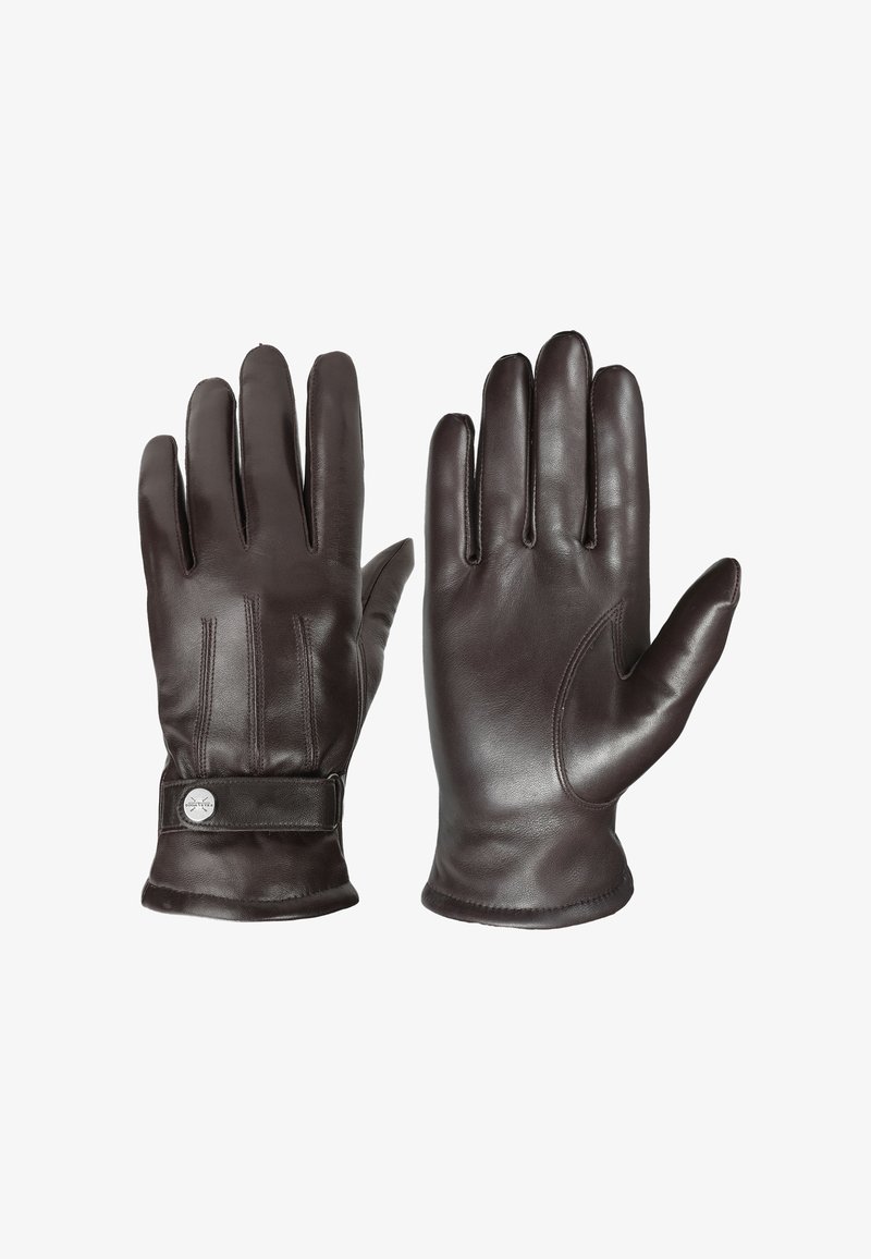 Braune Lederhandschuhe mit glatter Oberfläche, ausgestattet mit einem dreireihigen Nahtdetail und einem Bündchen mit Druckknopfverschluss.