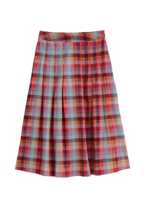 Rok tot op de knie met plooien en een geruit patroon in rood, oranje, blauw en beige tinten, voorzien van een aangesloten tailleband.