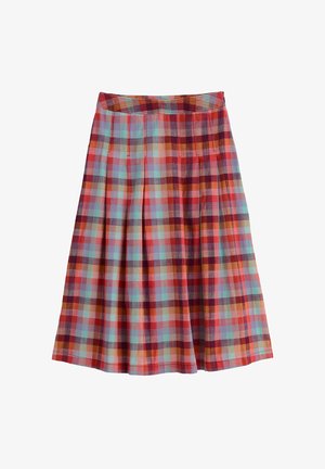 Rok tot op de knie met plooien en een geruit patroon in rood, oranje, blauw en beige tinten, voorzien van een aangesloten tailleband.