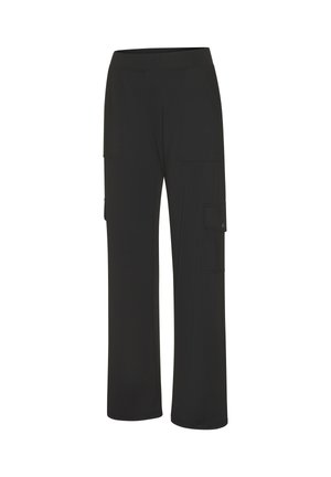 Schwarze Cargohose mit elastischem Bund, ausgestattet mit zwei großen Seitentaschen und einem lockeren Schnitt für Komfort und Bewegungsfreiheit.