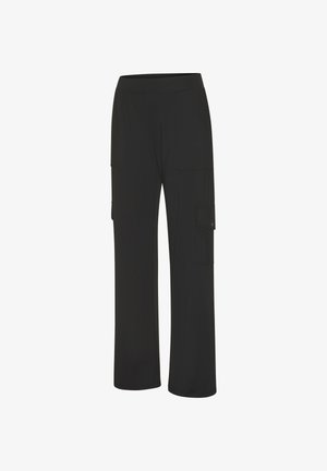 Schwarze Cargohose mit elastischem Bund, ausgestattet mit zwei großen Seitentaschen und einem lockeren Schnitt für Komfort und Bewegungsfreiheit.