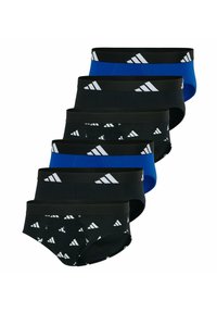 Sex par korta kalsonger med en blandning av enfärgad svart och blå färg, svarta band med vita logodetaljer och olika mönster.