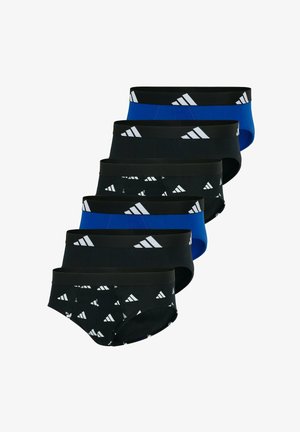 Seis pares de calzoncillos breves que presentan una mezcla de colores sólidos negro y azul, bandas negras con acentos de logo blanco y diferentes patrones.