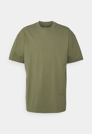 Olive green cotton t-shirt with a crew neck, short sleeves, and a relaxed fit, featuring a smooth texture and minimal design.