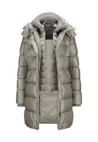 Grau gepolsterter Mantel mit einer strukturierten Strickkapuze, Frontreißverschluss und Seitentaschen. Verfügt über ein glänzendes Material und ein vertikales Nähmuster.