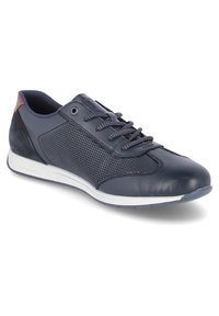 Sneaker marine avec des panneaux en cuir et en maille, bout arrondi et semelle en caoutchouc blanc. Doté d'un col rembourré et d'accents texturés en marron foncé.