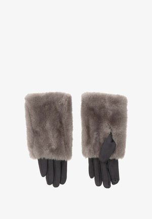 Grijze nep bont handschoenen met zwarte stoffen uiteinden en accenten, voorzien van een zachte textuur en verlengde pluche manchetten voor extra warmte.