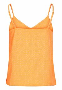 Pomarańczowy top na ramiączkach z subtelnym wzorem, regulowanymi ramiączkami i dekoltem w kształcie litery V. Lekka tkanina podkreśla jego gładką fakturę.