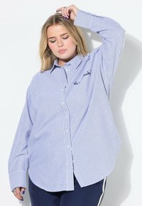 Camicia a righe blu e bianche con colletto e maniche lunghe. Presenta un testo ricamato sul petto e una vestibilità rilassata.