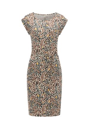 Knielange jurk met korte mouwen, een aansluitende taille met strik, uitgevoerd in een multicolor abstract dierenprint in bruin, zwart, wit en mosterdtinten.
