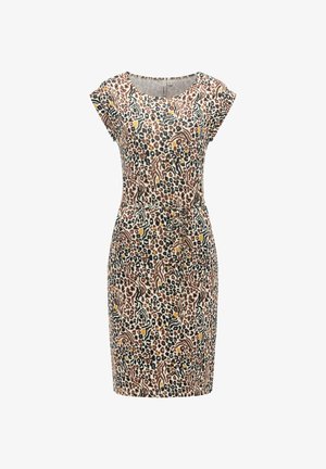 Knielange jurk met korte mouwen, een aansluitende taille met strik, uitgevoerd in een multicolor abstract dierenprint in bruin, zwart, wit en mosterdtinten.