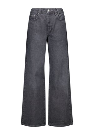 Langenwijdte, donkergrijze jeans met een streeppatroon, klassieke vijf-pocket ontwerp en metalen hardware in de taille met een knoopsluiting.