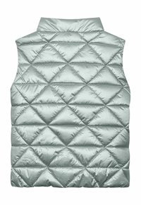 Steppweste in hellblau, aus glänzender Nylon gefertigt. Mit Stehkragen und Rautenmuster für Isolierung und Wärme. Ohne Ärmel.