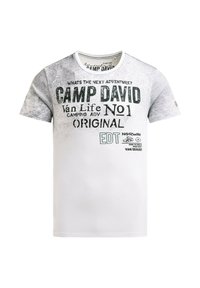 Short white T-shirt with grey textured sleeves and black text reading "Camp David Van Life No1 Original" plus small Norway-themed graphics.