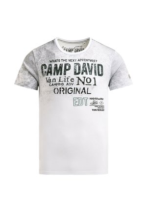 Short white T-shirt with grey textured sleeves and black text reading "Camp David Van Life No1 Original" plus small Norway-themed graphics.