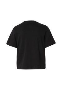 T-shirt noir à manches courtes et col rond, vu de dos, avec un ourlet droit et une coupe standard sur fond blanc.