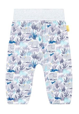 Weiche Baumwollhose mit einem hellgrauen Bund, die ein verspieltes Muster von Flusspferden zwischen blauen und grauen Blättern in verschiedenen Texturen zeigt.