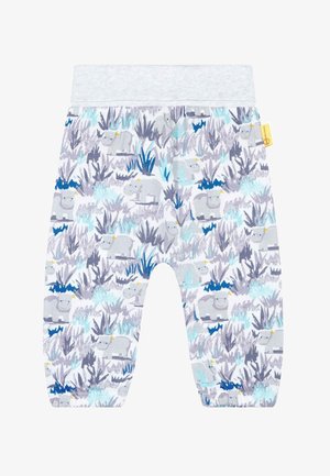 Bløde bomuldsbukser med en lysegrå talje, der har et legende mønster af flodheste blandt blå og grå løv i forskellige teksturer.