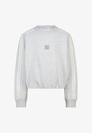 Sweat-shirt court gris clair en tissu doux. Comprend des poignets côtelés, un col rond, et une broderie bleue "89" sur le devant. Détails en dentelle sur les manches.