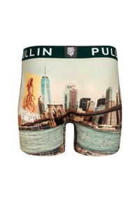 Boxers pour hommes avec un design de paysage urbain imprimé représentant un cycliste, dans des nuances de bleu, beige et vert, avec une ceinture contrastante.