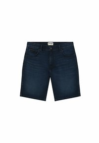 Ciemnoniebieskie szorty dżinsowe o prostym kroju, pięć kieszeni, szlufki na pasek oraz metka marki na tylnej części pasa. Gładka tekstura.