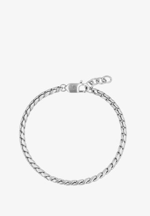 Silbernes Armband aus Edelstahl mit Karabinerverschluss und verstellbaren Gliedern.