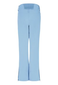Lichtblauwe broek met een gladde textuur, voorzien van een geplooide tailleband en ritsen aan de zoom voor een verstelbare pasvorm. Getailleerd ontwerp, rechte benen.