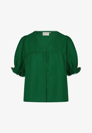 Groene blouse van lichtgewicht stof met een V-hals, pofmouwen en decoratieve kantafwerking. Voorzien van een knoopsluitingen aan de voorkant en een gegatherde textuur.